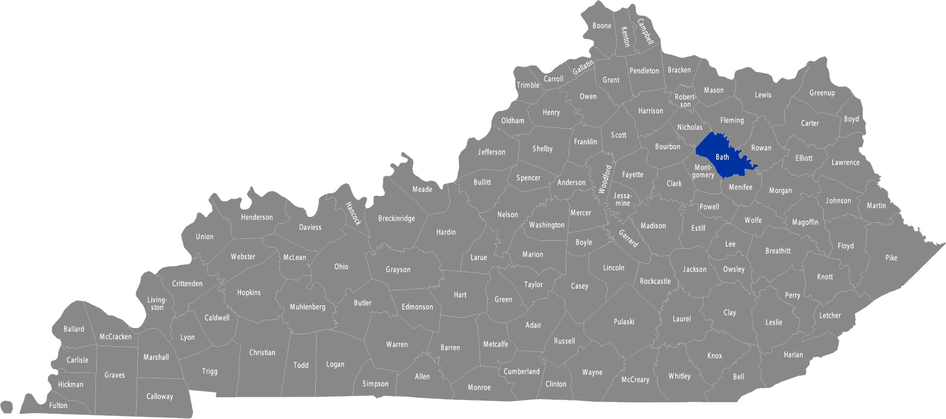 State of Kentucky map with Bath County highlighted